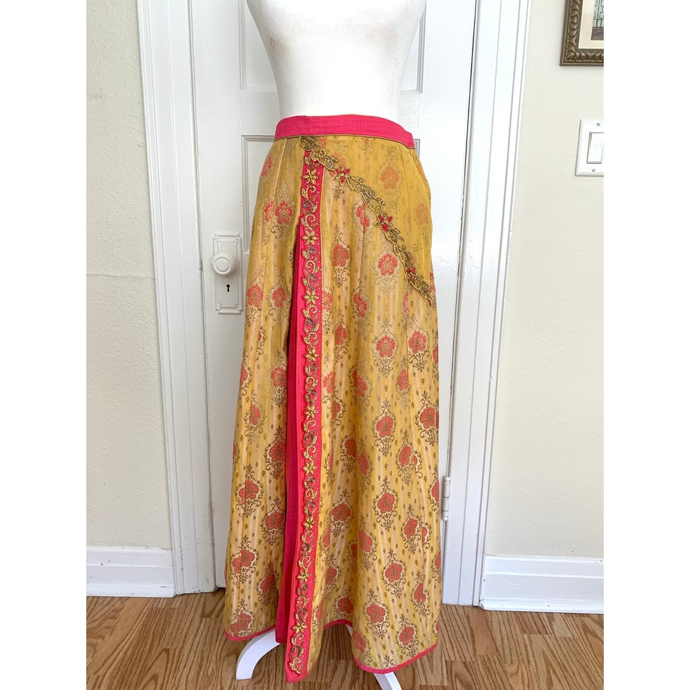 DEBYANI Luxury Indian Lehenga Skirt Mustard Yellow Chanderi Silk Size 32 S M - Picture 2 of 16